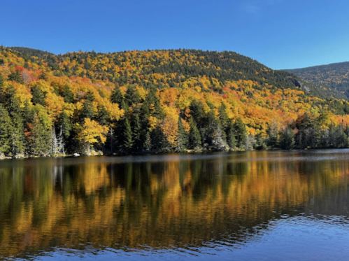 A serene lake reflecting vibrant autumn foliage and mountains under a clear blue sky.