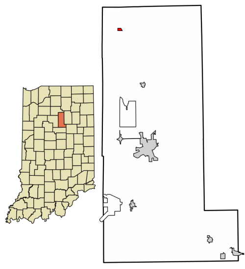 Map highlighting a small area in Indiana, showing its location within the state and surrounding regions.