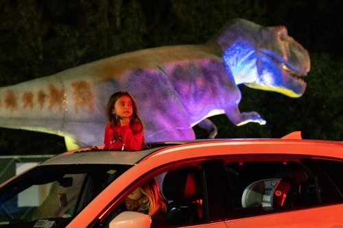 A girl sits on the roof of a car, looking at a large illuminated dinosaur statue in the background at night.