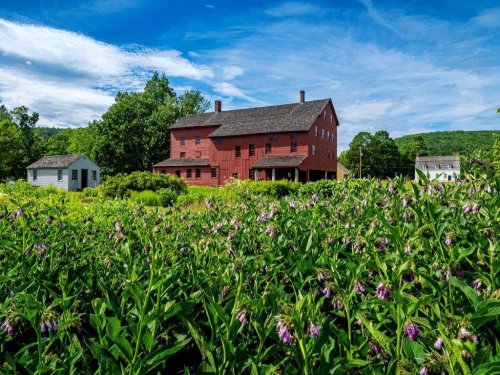A red farmhouse surrounded by green fields and purple flowers under a blue sky with scattered clouds.