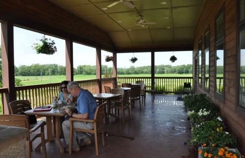 Two people sit at a table on a covered porch, surrounded by greenery and hanging plants, enjoying a meal together.