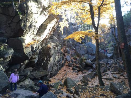 A rocky trail surrounded by autumn trees with yellow leaves, featuring a child climbing and people in the background.