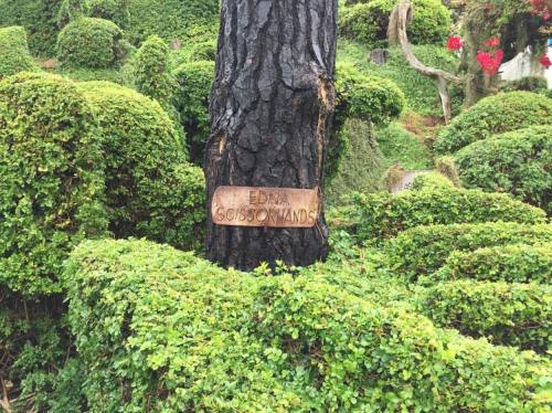 A wooden sign reading "EDNA SCISSORHANDS" attached to a tree, surrounded by neatly trimmed bushes.