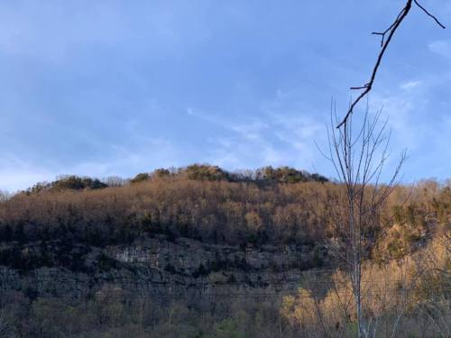 A rocky hillside under a blue sky, with trees and shadows creating a serene natural landscape.