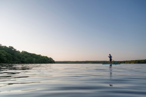 A person paddleboarding on a calm lake during sunset, surrounded by lush greenery and a clear sky.