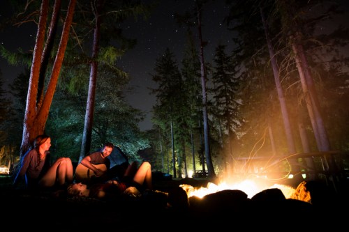 A group of friends sits around a campfire at night, enjoying music and the starry sky in a forested setting.