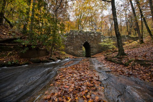 A stone bridge arches over a stream, surrounded by autumn foliage and fallen leaves in a serene forest setting.