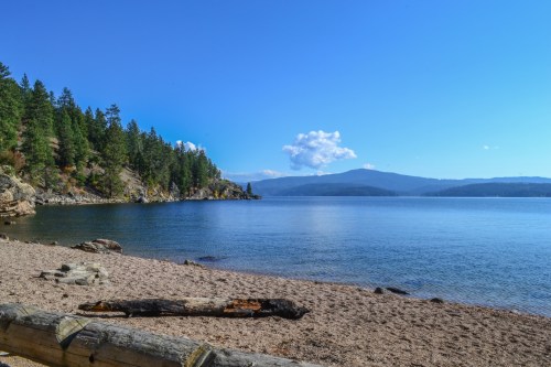 A serene lakeside view with clear blue water, sandy shore, and lush green trees under a bright blue sky.
