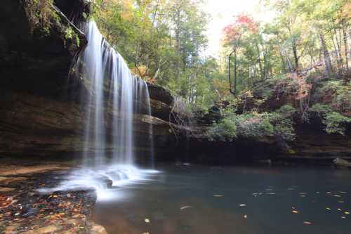 A serene waterfall cascades into a tranquil pool, surrounded by lush greenery and autumn-colored trees.