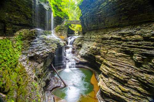 A serene canyon with cascading waterfalls and lush greenery, surrounded by steep, rocky walls and a tranquil pool.