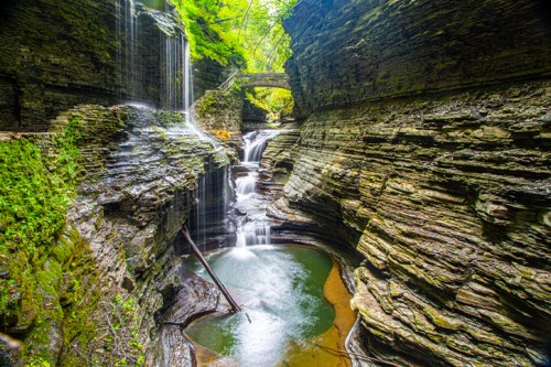 A serene canyon with cascading waterfalls and lush greenery, surrounded by steep, rocky walls and a tranquil pool.