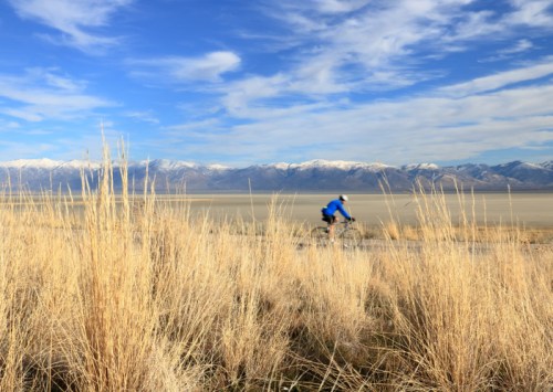A cyclist rides along a path with tall grass, overlooking a vast landscape and snow-capped mountains under a blue sky.