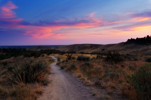 A winding dirt path leads through a grassy landscape under a colorful sunset sky with pink and purple hues.