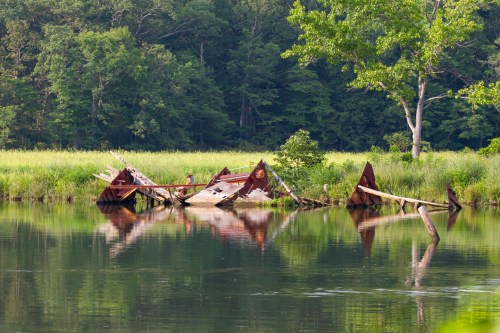 A partially submerged, rusted boat wreck reflects in calm water, surrounded by lush greenery and trees.