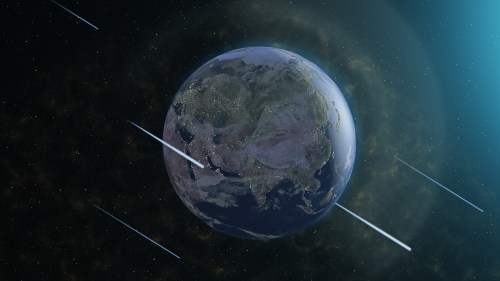 A view of Earth from space with shooting stars streaking across the dark sky.