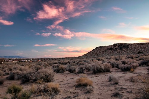 A desert landscape at sunset, featuring sparse vegetation and a distant hill under a colorful sky.