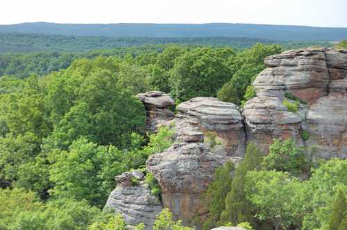 A scenic view of rocky formations surrounded by lush green trees and distant hills under a clear sky.