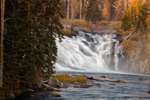A serene waterfall cascades over rocks, surrounded by autumn foliage and tall trees.