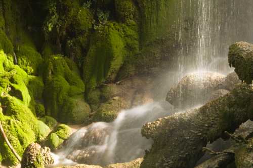 A serene waterfall cascading over moss-covered rocks, surrounded by lush greenery and soft mist.