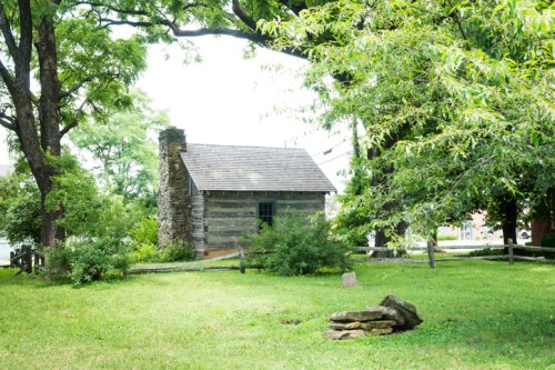 A rustic log cabin surrounded by lush greenery and trees in a peaceful outdoor setting.