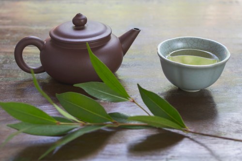 A brown teapot and a light green tea cup sit on a wooden surface, accompanied by a green leaf branch.