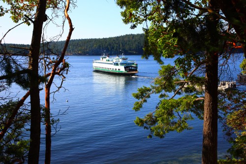 A ferry navigates through calm waters, framed by trees and a forested shoreline in the background.