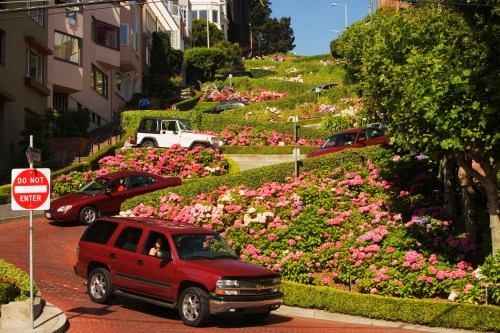 A winding street lined with vibrant flowers and parked cars, with a "Do Not Enter" sign visible.