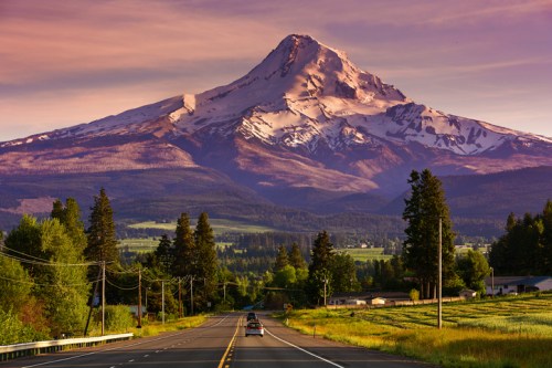 A scenic view of a snow-capped mountain at sunset, with a road and trees in the foreground.