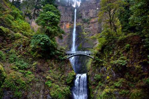 A scenic view of a waterfall cascading down rocky cliffs, with a bridge spanning over the lower falls, surrounded by lush greenery.