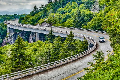 A winding road curves through lush green trees, with a bridge spanning a rocky landscape in the background.