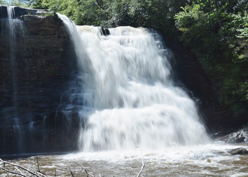 A cascading waterfall surrounded by lush greenery, with water flowing rapidly over rocky ledges.