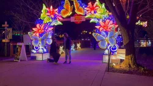 A brightly lit archway adorned with colorful flowers and butterflies, with two people standing beneath it at night.