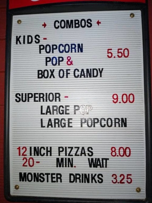 Menu board displaying combo prices for kids, superior options, pizzas, and drinks. Prices range from $3.25 to $9.00.