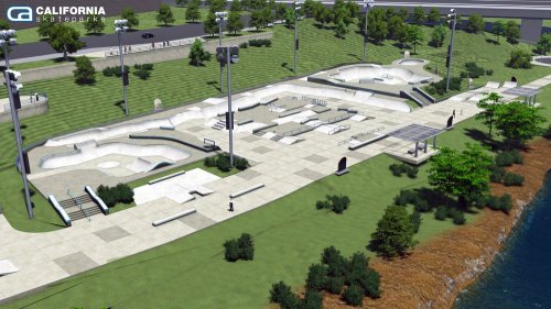 Aerial view of a modern skatepark featuring various ramps, bowls, and green landscaping along a water edge.