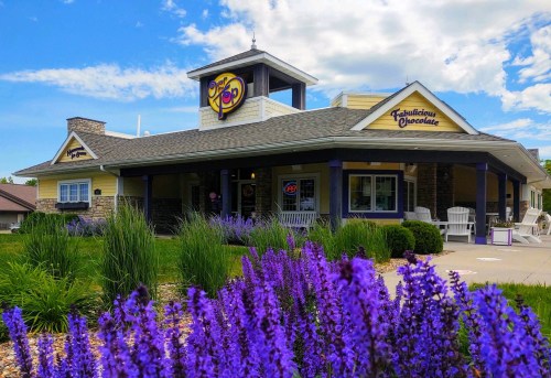 A charming chocolate shop with a purple flower garden, featuring a welcoming porch and a blue sky overhead.