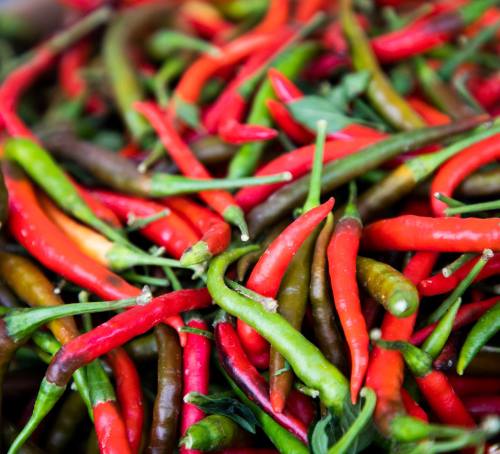 A vibrant assortment of red and green chili peppers piled together, showcasing their varying shapes and colors.