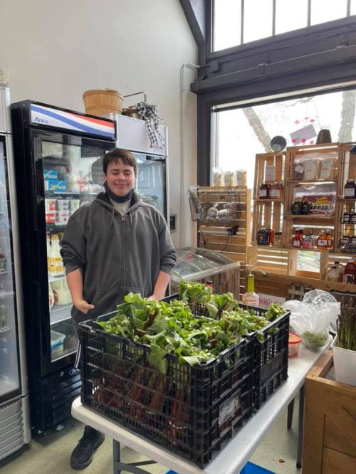 A young person stands behind a table with a crate of fresh greens in a market setting. Shelves of products are in the background.