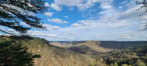 A scenic view of rolling hills and valleys under a partly cloudy sky, with trees in the foreground.