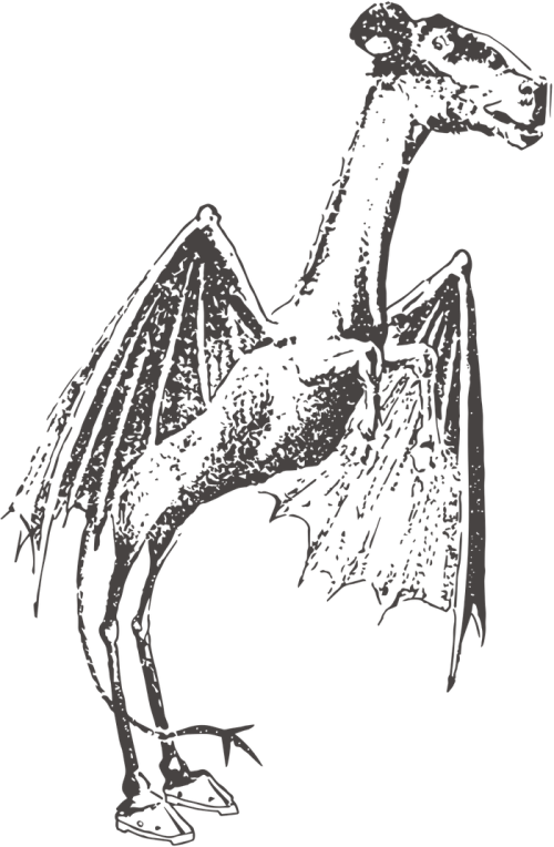A stylized illustration of a dragon with bat-like wings and a long neck, standing on two legs.