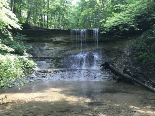 A serene waterfall cascading over rocky terrain into a calm pool, surrounded by lush green trees.