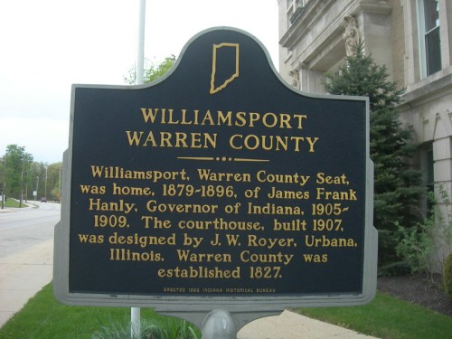 Historical marker for Williamsport, Warren County, Indiana, detailing its history and significance. Established 1827.