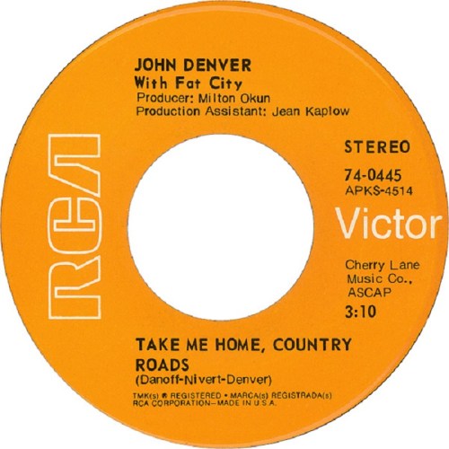 Label for the song "Take Me Home, Country Roads" by John Denver, featuring orange design and RCA Victor logo.