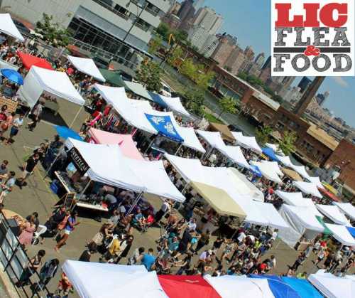 Aerial view of a bustling flea market with numerous tents and crowds, set against a city skyline.