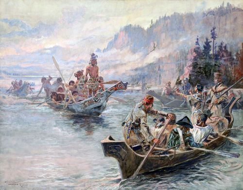 Indigenous people in traditional canoes navigate a river, surrounded by lush landscapes and distant mountains.