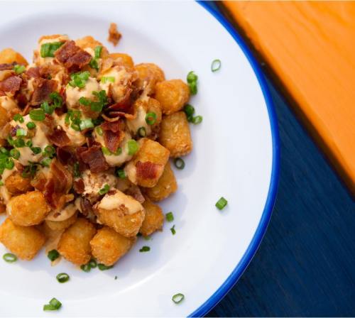 A plate of crispy tater tots topped with cheese, bacon bits, and green onions, served on a colorful table.