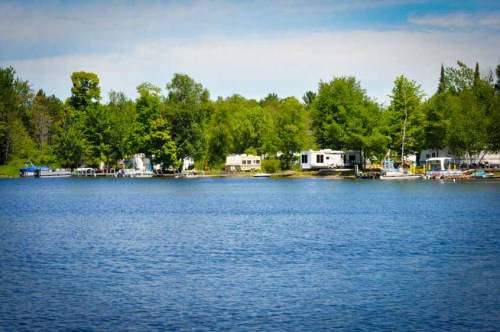 A serene lake scene with green trees and RVs along the shore under a clear blue sky.