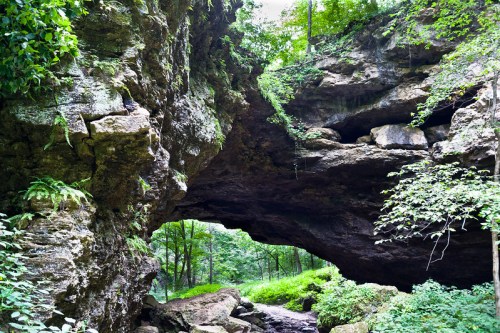 A natural stone arch surrounded by lush greenery and trees in a serene forest setting.