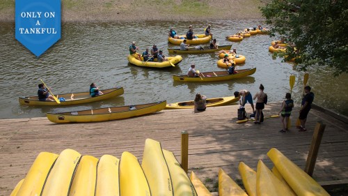 A group of people in yellow kayaks on a river, with others preparing on a wooden dock nearby.
