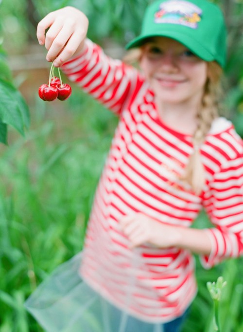 A smiling child in a striped shirt and green cap holds two cherries, surrounded by greenery.