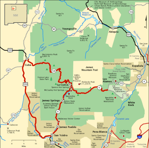 Map of northern New Mexico highlighting routes, landmarks, and the Jemez Mountain Trail area.